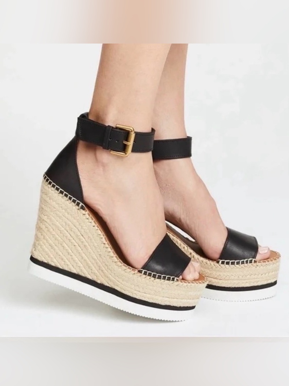 See By Chloe Black Leather Espadrille Wedge Sandals with Gold Buckle